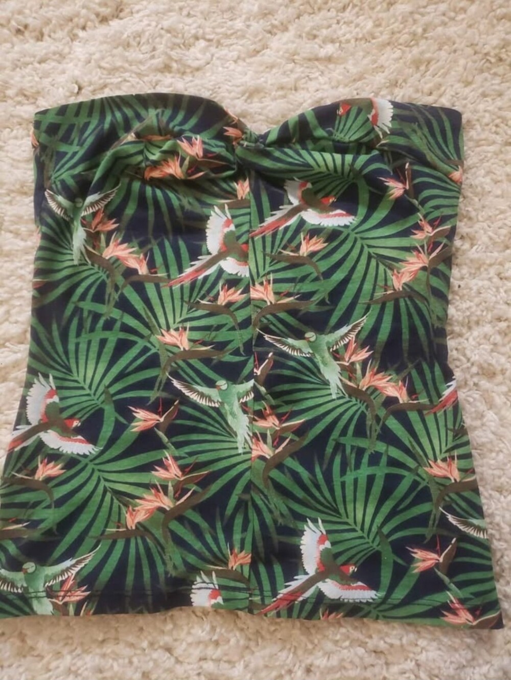 Tropical Green Strapless Tank Top with Bird Print